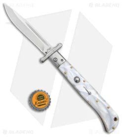 Italian Style 11" Roma Drop Point Auto Swinguard White Pearlex (4.6" Polished) -EOSS Knives Shop AKC 11in Roma Auto Swinguard DP White Pearlex Polished BHQ 152966 jr bottlecap