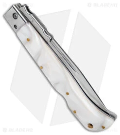 Italian Style 11" Roma Drop Point Auto Swinguard White Pearlex (4.6" Polished) -EOSS Knives Shop AKC 11in Roma Auto Swinguard DP White Pearlex Polished BHQ 152966 jr side