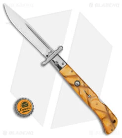 Italian Style 11" Roma Drop Point Auto Swinguard Yellow Pearlex (4.6" Polish) -EOSS Knives Shop AKC Roma 11in Yellow Pearlex Automatic Swinguard DP Polished Plain GX 39622 td size