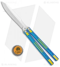 Heibel Knives Sapient Balisong Knife Blue/Gold Two-Tone (4.25" Satin) #61 -EOSS Knives Shop Heibel Sapient Balisong Blue Gold Anodized TT Beveled Satin 61 BHQ 136059 jr bottlecap