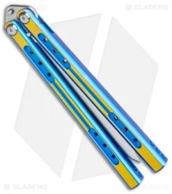 Heibel Knives Sapient Balisong Knife Blue/Gold Two-Tone (4.25" Satin) #61 -EOSS Knives Shop Heibel Sapient Balisong Blue Gold Anodized TT Beveled Satin 61 BHQ 136059 jr side